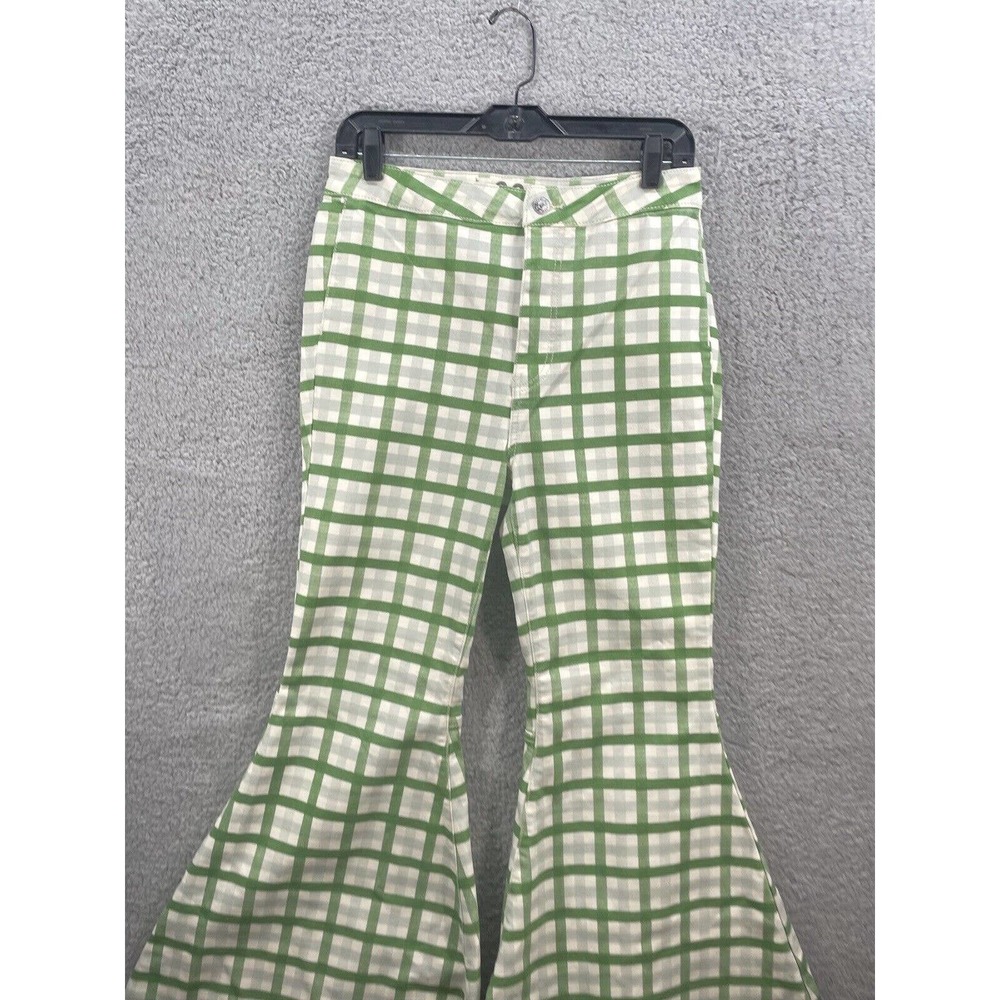 New Free People Float on Flare Green Plaid High Rise Wide Leg Flare Jeans - Picture 3 of 6